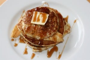 Pancakes, butter, maple syrup