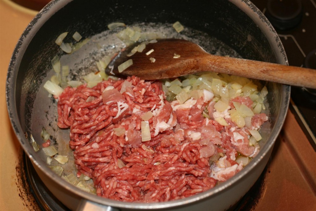 Cooking the onion, garlic and meat