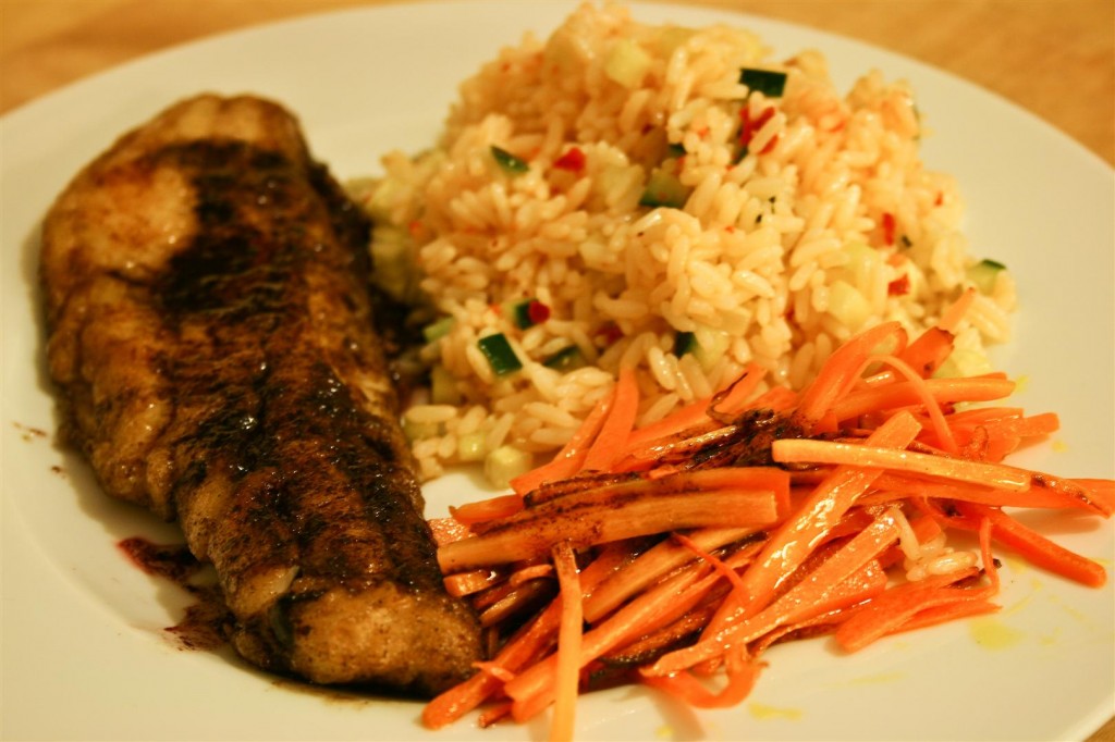 Pan Fried Pollock, Seared Carrots and Spicy Rice with Red Wine Reduction