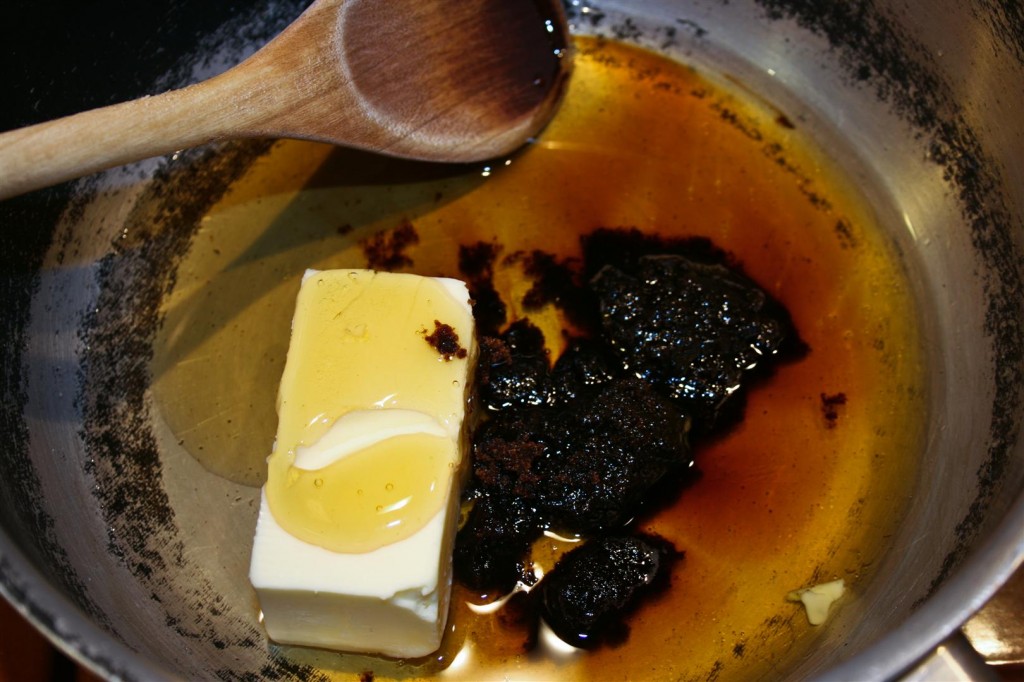 Melting the sugar, honey and butter