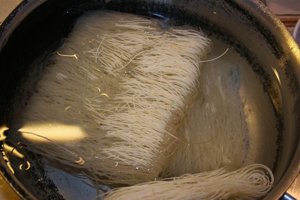 Soaking the rice noodles