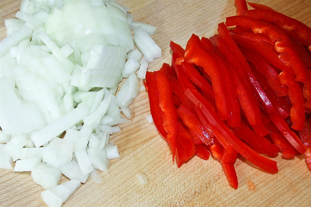 Chopping the onion and bell pepper