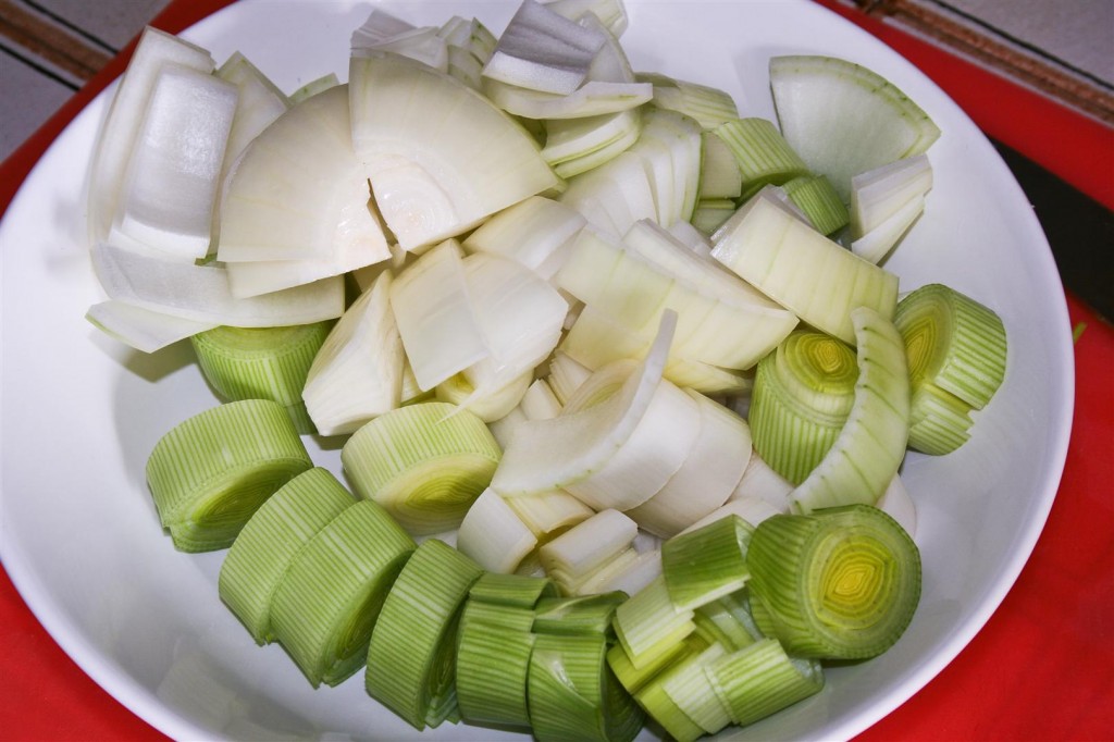 Chopping the leek and onion