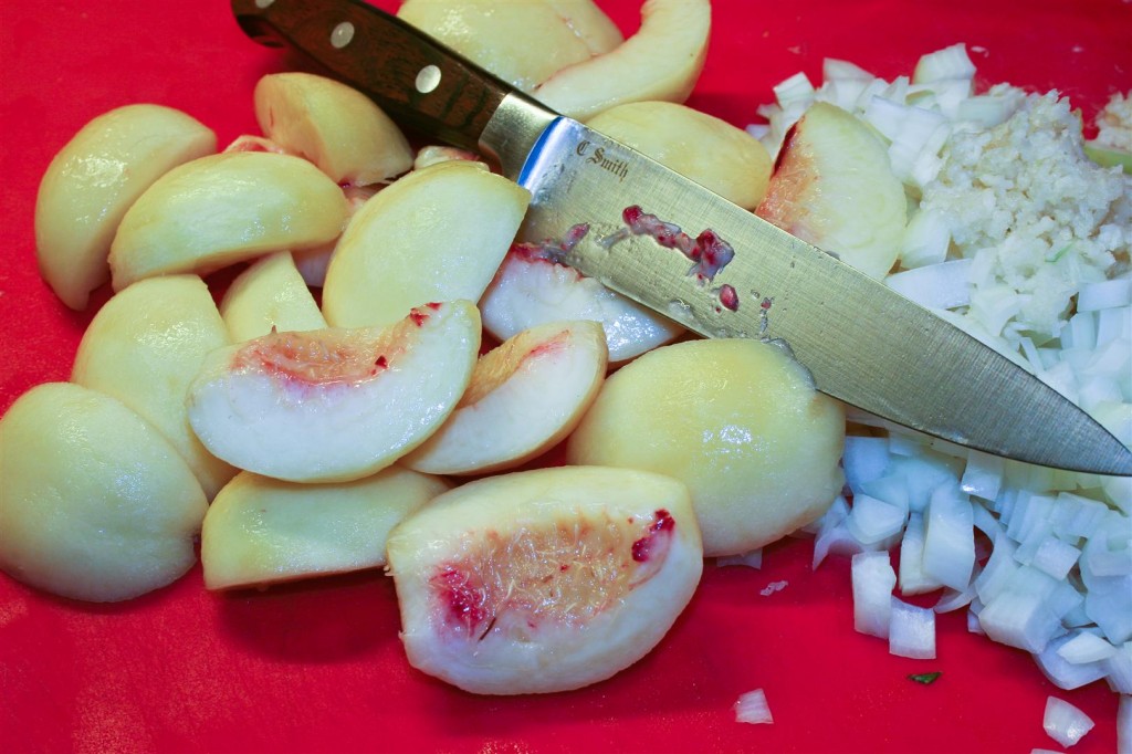 Chopping the onion and nectarines